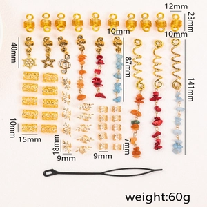 49pcs natural stone pendants and gold alloy spiral hair rings set for dreadlocks styling