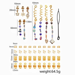 49-piece bohemian hair accessories set with gold spiral rings and colorful stone charms