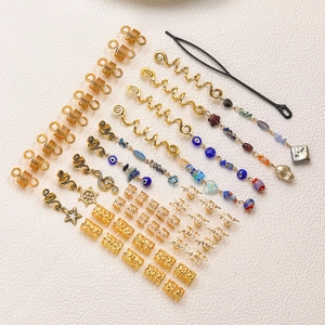 Golden 49pcs hair jewelry set for locs with alloy spirals and variety of stone pendants