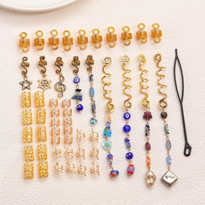 49pcs Bohemian hair jewelry set with natural stones, gold spirals and leaf pendants