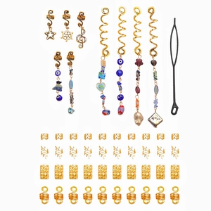 49-piece gold alloy hair jewelry set with natural stones, spiral clips and diverse pendants