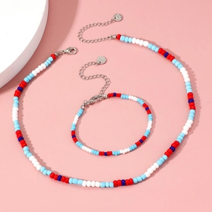 Handmade colorful glass seed bead necklace and bracelet set with silver metal clasp