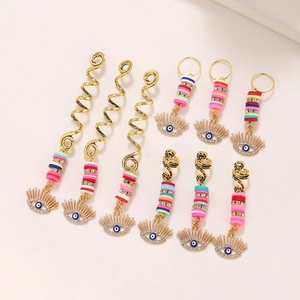 9-piece gold snake hair rings set with colorful beads and Evil Eye charms