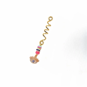 Golden snake spiral dreadlock charm with colorful beads and Evil Eye pendant