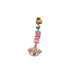 Detail of evil eye loc jewelry charm with colorful beads and sparkling crystal rhinestones