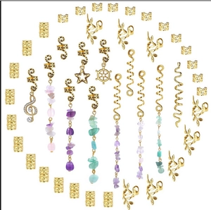 Detailed set of golden braid rings with natural stone pendants and charms for hair