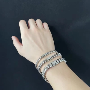 Three-piece silver Cuban link chain bracelet set in stainless steel for men and women