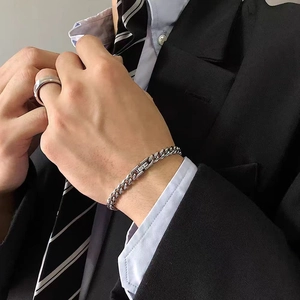 Men's silver titanium steel Cuban chain bracelet and minimalist ring set for formal wear