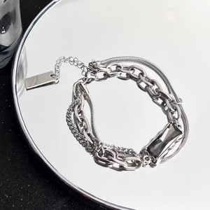 Titanium Steel Rectangle Rhinestone Wrap Bracelet For Men Women Hip Hop Geometric Spliced Chain Double Layer Bracelet Jewelry