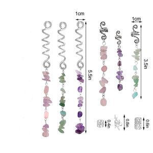 Detailed chart showing sizes of spiral hair clips with colorful natural stone pendants