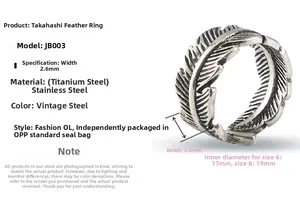 Macro detail of retro steel feather ring showcasing intricate textures and sizing specs