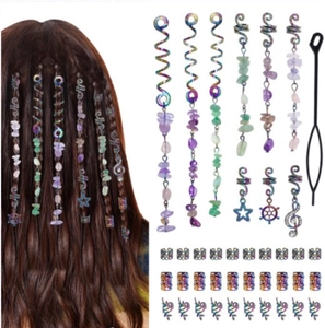 Detail of bohemian hair jewelry set including natural stone pendants and metal hair rings
