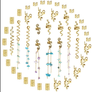 Bohemian gold braid hair rings set with natural stone pendants and leaf charms
