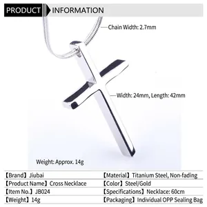 Polished stainless steel cross pendant necklace with a 60cm silver wheat chain for men