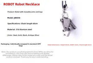 Vue macro d'un pendentif robot mécanique en acier titane 316L avec membres articulés
