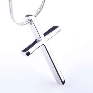 Polished stainless steel cross pendant necklace with a geometric facet design on a snake chain