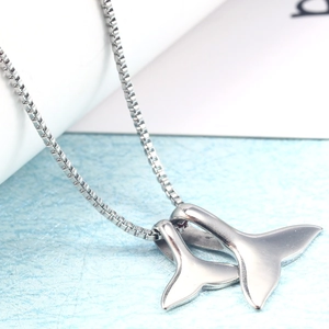 Elegant silver stainless steel double whale tail pendant necklace with box chain