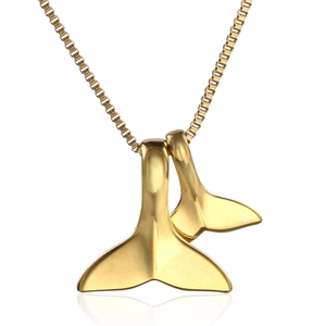 Polished gold fishtail pendant necklace with box chain on a white background