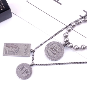 Vintage Titanium Steel Double Layer Necklace Set Ball Chain Rectangular Round Pendants Industrial Hip Hop Punk Men Women