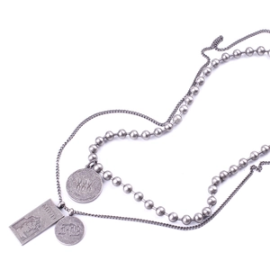 Retro titanium steel double-layer necklace with ball chain and engraved round pendants