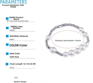 Macro detail of pearls and stainless steel beads bracelet with 15g weight specs