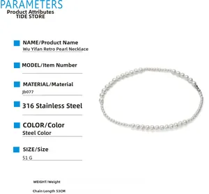 Tableau détaillé pour un collier en acier inoxydable avec perles blanches et longueur 53cm
