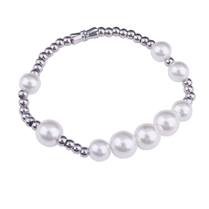 Handmade pearl bracelet featuring silver beads and adjustable metal clasp on white background