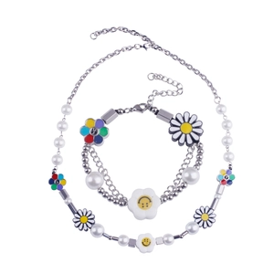 Collier et Bracelet Y2K en Acier Titane Marguerite Visage Souriant Tournesol et Künstliche Perles Accessoires de Bijoux pour Femmes Hommes Hip Hop