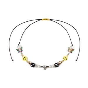 Hip Hop Beaded Necklace Alloy Skull Butterfly Dice Smiley Face Pendant Titanium Steel Chain Streetwear Y2K Jewelry