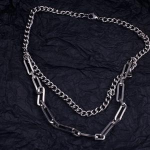 Industrial style double-layered silver titanium steel necklace on a black background