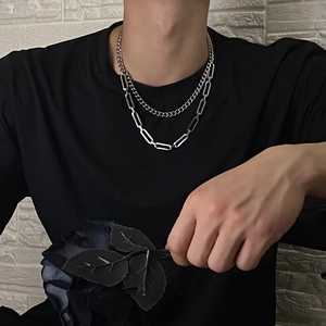 Dual-layer silver titanium steel necklace featuring curb and paperclip chains
