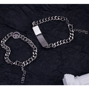 Minimalist smiley face and engraved rectangular tag silver chain bracelet in stainless steel