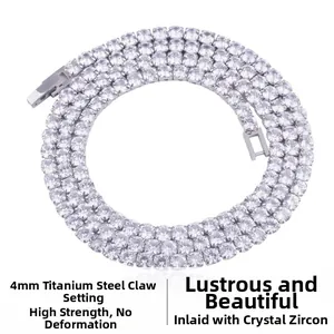Detail of 4mm stainless steel tennis chain featuring round prong-set cubic zirconia crystals