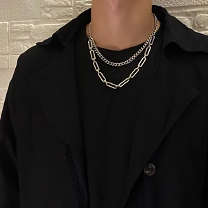 Double-layer stainless steel curb and paperclip chain necklace for hip-hop fashion style