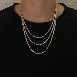 Three-layer silver polished Cuban link chain necklace set for men street style look