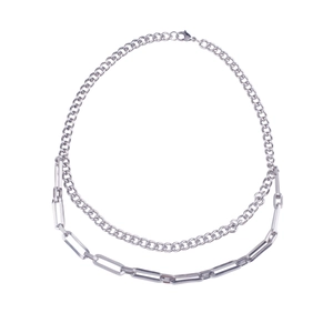 Double-layered titanium steel necklace with cuban and paperclip chains on white background