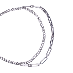 Double-layered silver titanium necklace with cuban and paperclip chain拼接 design