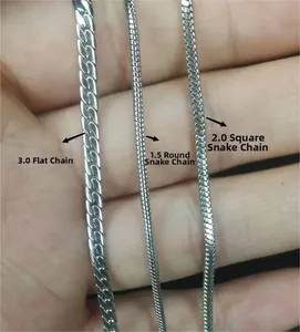 Detail view of titanium steel flat snake chain, round snake chain, and square snake chain