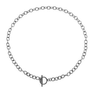 Unisex silver stainless steel chain necklace with industrial toggle clasp on white background