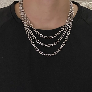 Three-layer stacked silver titanium steel chain necklace for men and women hip-hop style