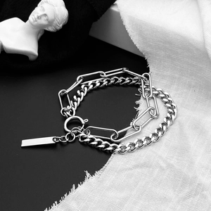 Bracciale a Doppio Strato in Acciaio Inossidabile Maglia Cubana e a Graffetta Con Targhetta Rettangolare Gioielli Hip Hop