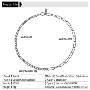 Collier double chaîne en acier titane avec maillons gourmette et rectangulaires ton acier