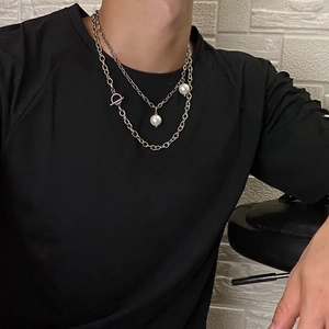 Unisex street style double-layered titanium steel necklace with OT buckle and white pearls