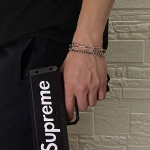 Set di bracciali a doppio strato da uomo in acciaio inox con catena a clip e groumette
