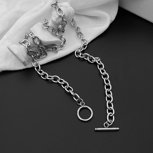 Macro shot of stainless steel chain necklace with OT toggle clasp and chunky oval links
