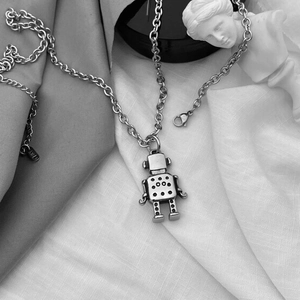 Industrial vintage robot pendant necklace in silver titanium steel with O-chain for men and women