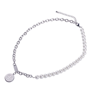 Vintage Titanium Steel Faux Artificial Pearl Splice Necklace With St Benedict Medal Coin Pendant For Men Women Polished Jewelry