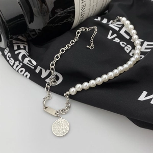 Vintage titanium steel necklace with asymmetric pearls, chunky chain, and coin pendant