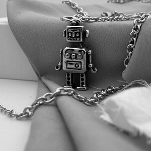Hip hop vintage robot pendant necklace in distressed silver finish with O-chain
