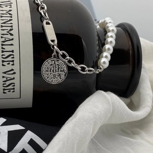 Vintage titanium steel necklace with pearl chain and engraved round coin pendant